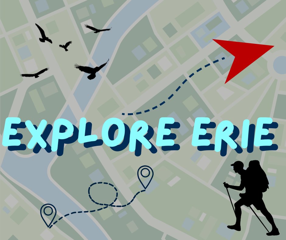 map with hiker and navigational arrows, the Explore Erie logo