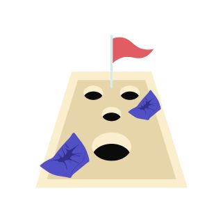 cornhole board with a red flag and two bean bags