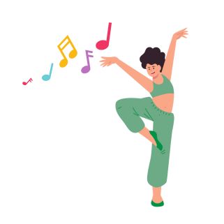 a dancer with musical notes in the background