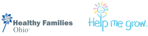 Dark blue logo with a pinwheel for Healthy Families Ohio on the left, light blue logo with a flower for Help Me Grow on the right