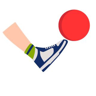 Foot wearing a sock and a tennis shoe kicking a red ball