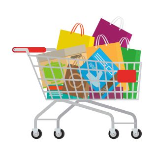 Grocery cart filled with multicolored items