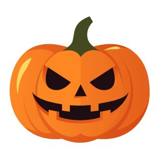 Orange jack o lantern with a green stem and a spooky face carved into it