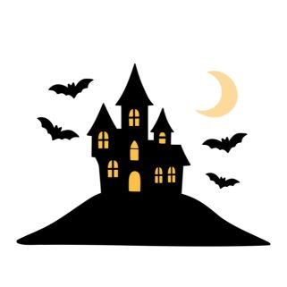 Black haunted house surrounded by bats with the moon in the background
