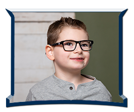 Depiction of a school aged boy with glasses within a frame