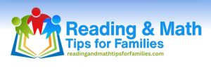 Reading and Math Tips for Families logo featuring people on a blue and white background standing on top of a book