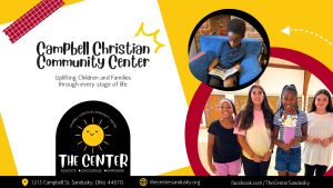 Black and yellow flyer for the Campbell Christian Community Center in Sandusky. A child in a blue shirt reading a book and a group of teenage girls are also shown in the picture