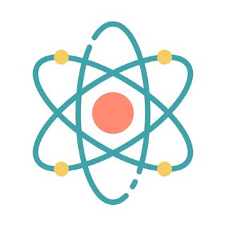 Atom with colorful molecules cirlcing it